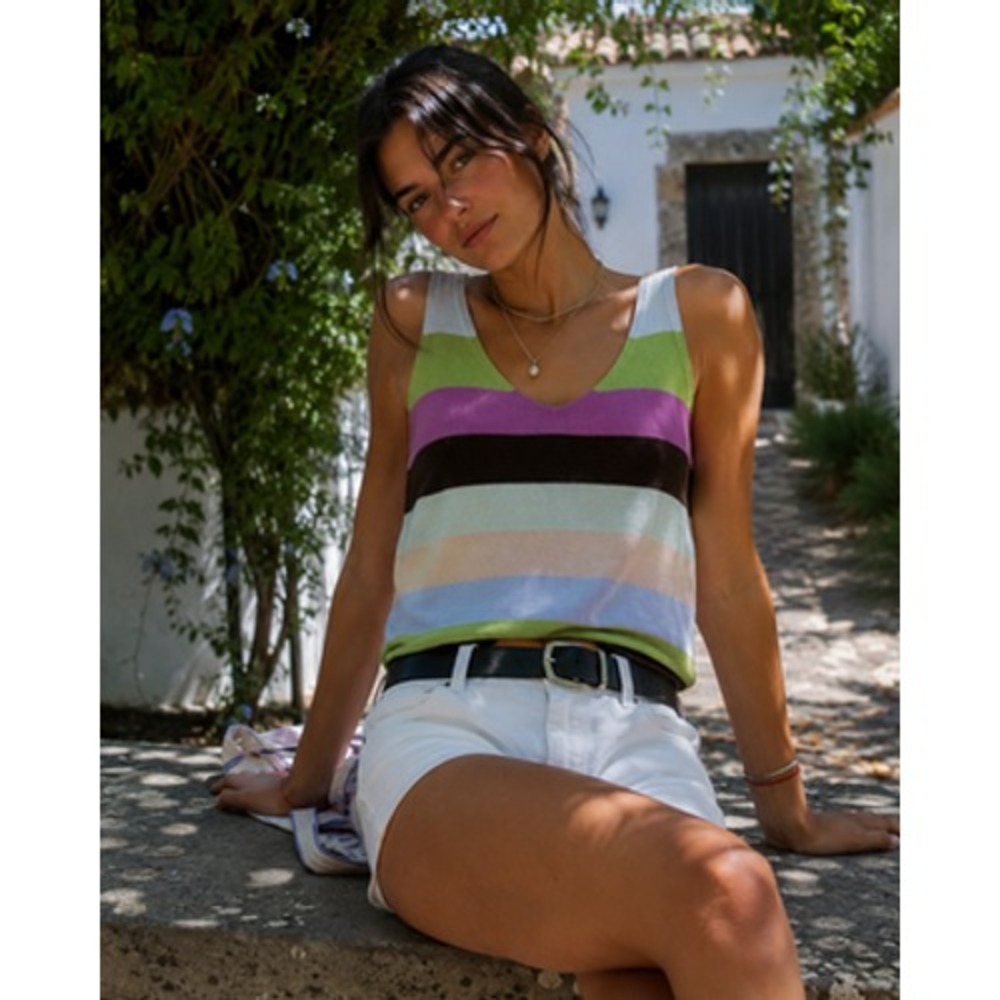 Vintage Gap Sweater Tank Top Womens L Stripe V Neck Stretch Knit Pullover Y2K